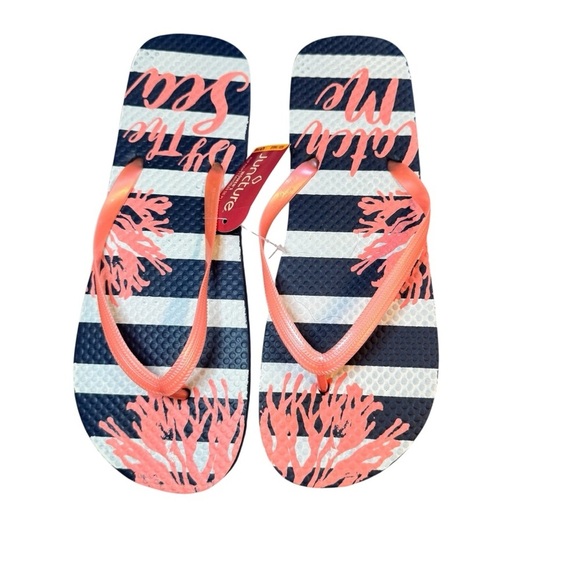 Juncture Flip-Flops Navy Blue and Pink "Catch Me By the Sea!" Print- Size L 9/10 - Picture 2 of 6
